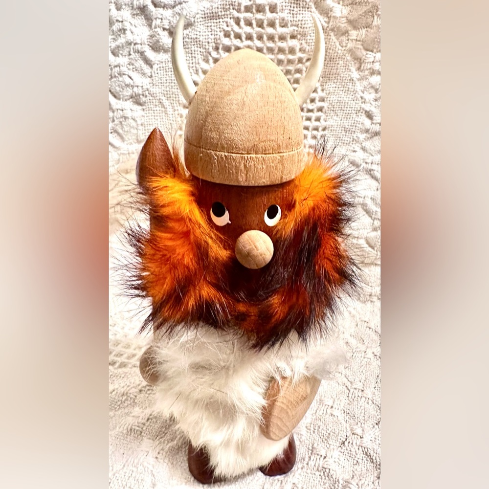 Cutest Vtg. MCM Danish Wood Viking Figurine Covered In Real Fur
